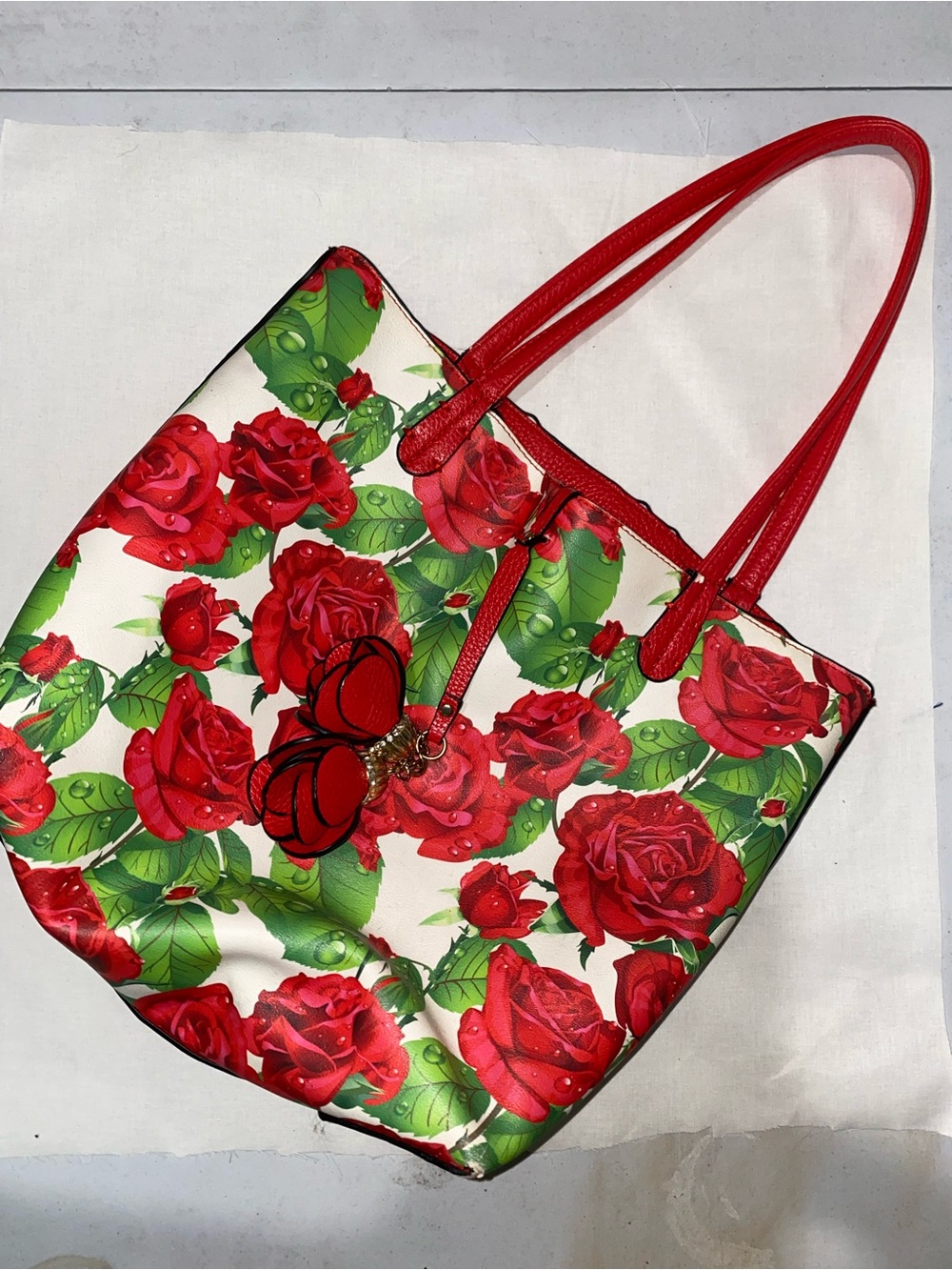 Red Rose Print Tote Bag with Rose Charms
